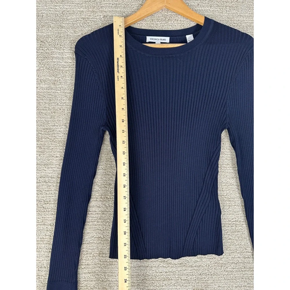 Veronica Beard Navy Blue Ribbed Knit Long Sleeve Crew Neck Top Size M 2411KS1490